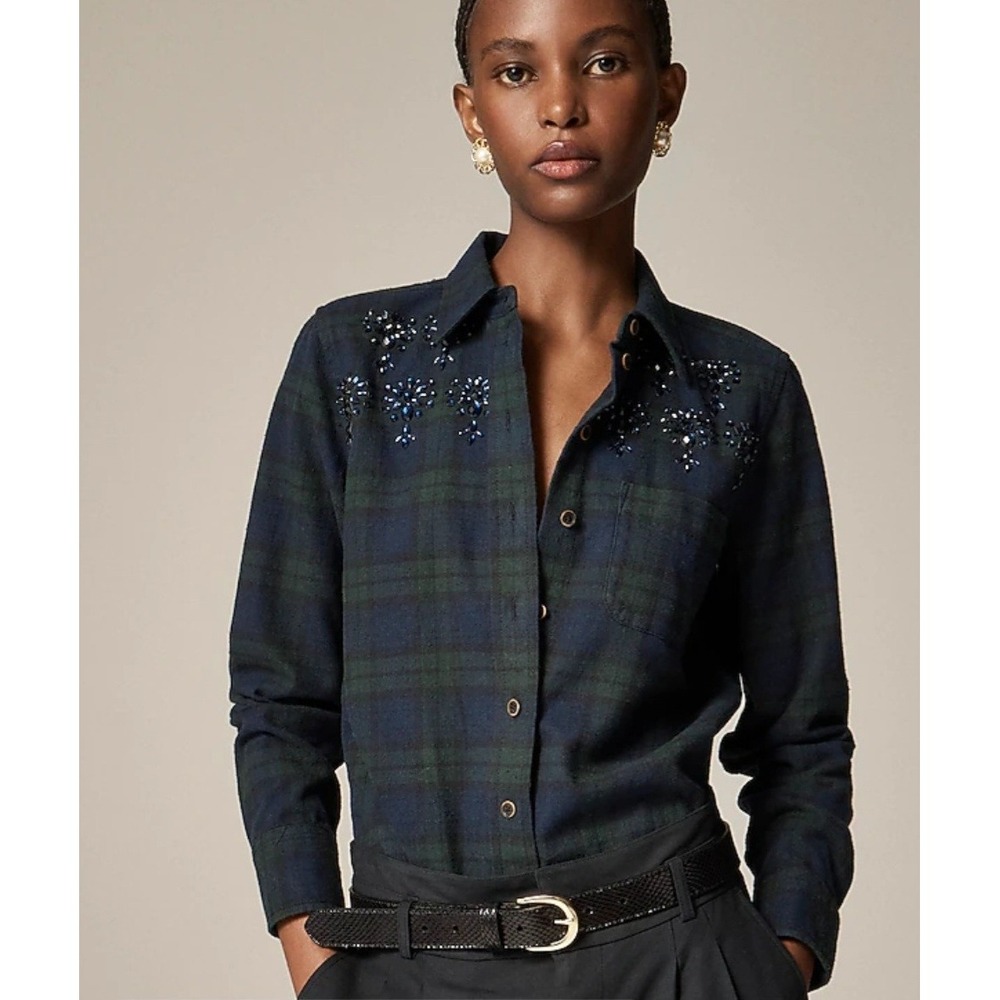 J.Crew Embellished Shrunken Button-Up Shirt‎ in Tartan Brushed Cotton Size 0